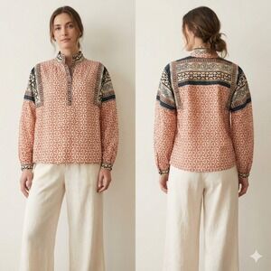 Xirena Izzie Top S Red Desert Day Geometric Block Print Boho Cotton Peasant Folk
